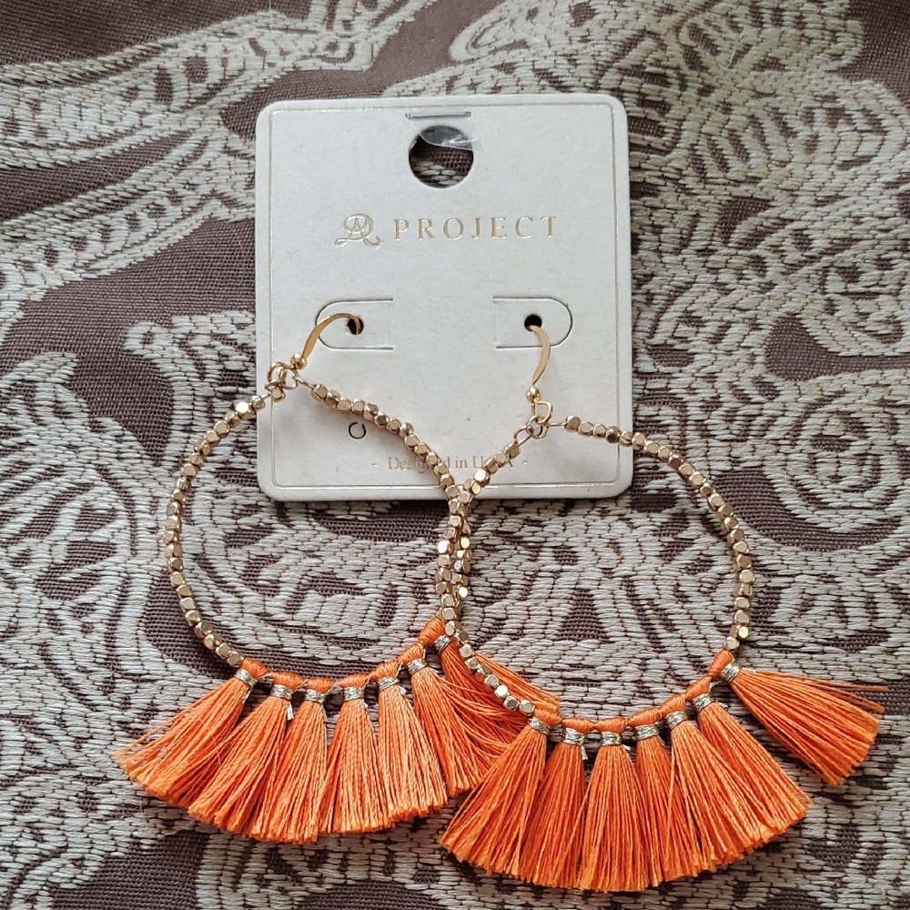 Orange Tassel Dangle Earrings with Gold Frame